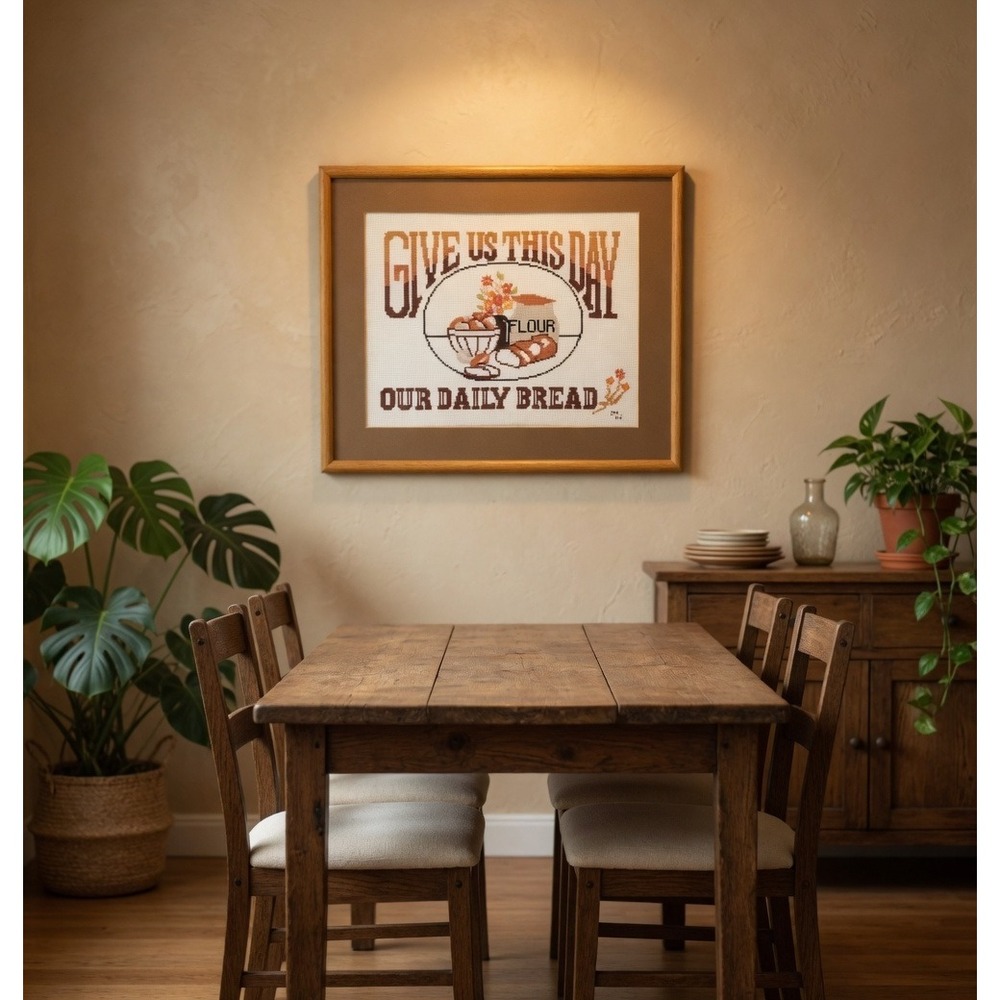 Vintage 1984 Give Us This Day Our Daily Bread Cross Stitch Framed Wall Art 20x16